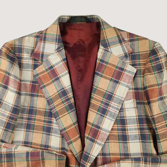 Vtg 70s Indian Madras Plaid Sport Coat Jacket Mens 42L Wide Lapel Ivy Prep Sack - Picture 7 of 10